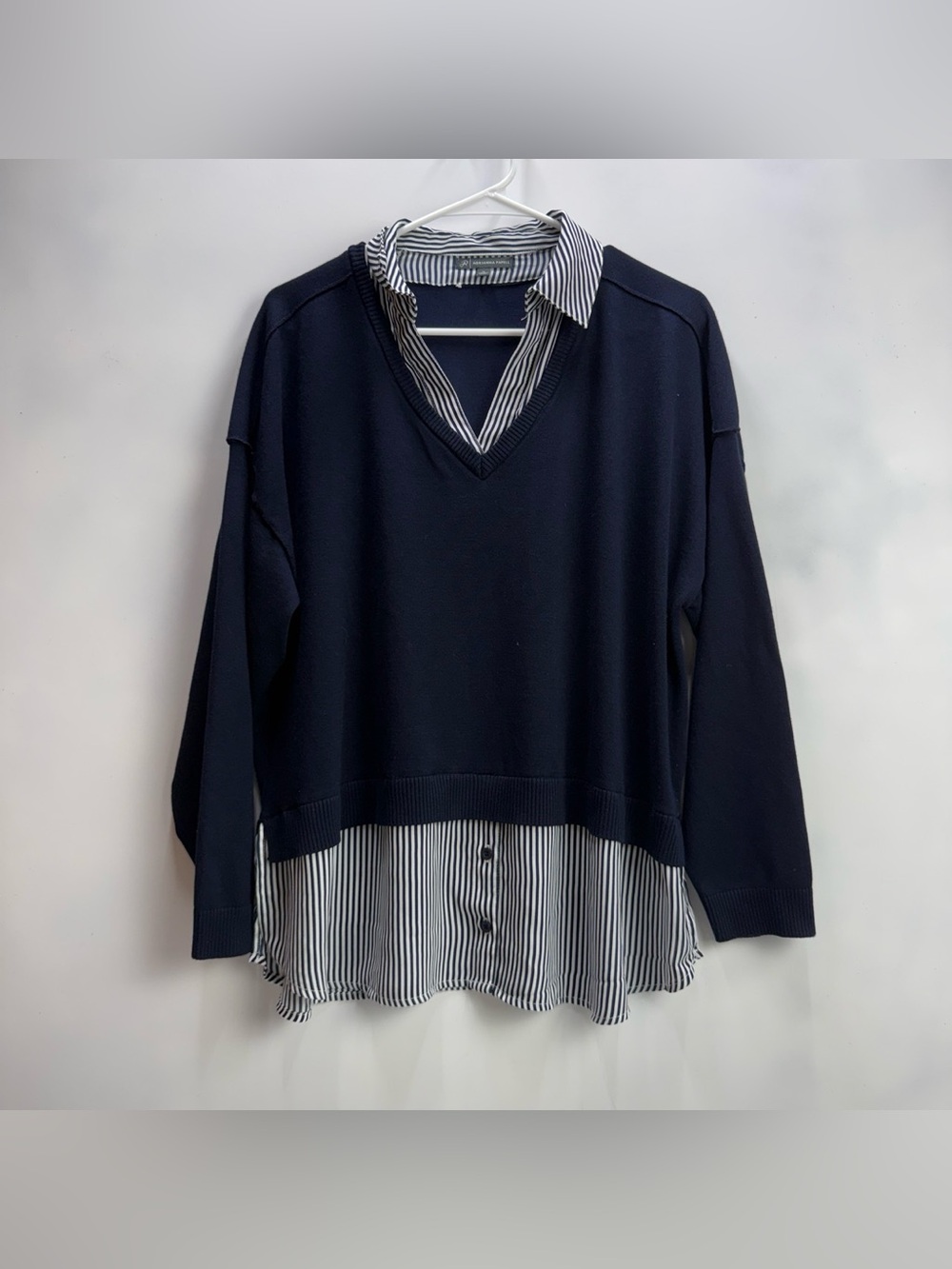 Adrianna Papell Women’s Navy Twover Layered Collared Shirt with Sweater